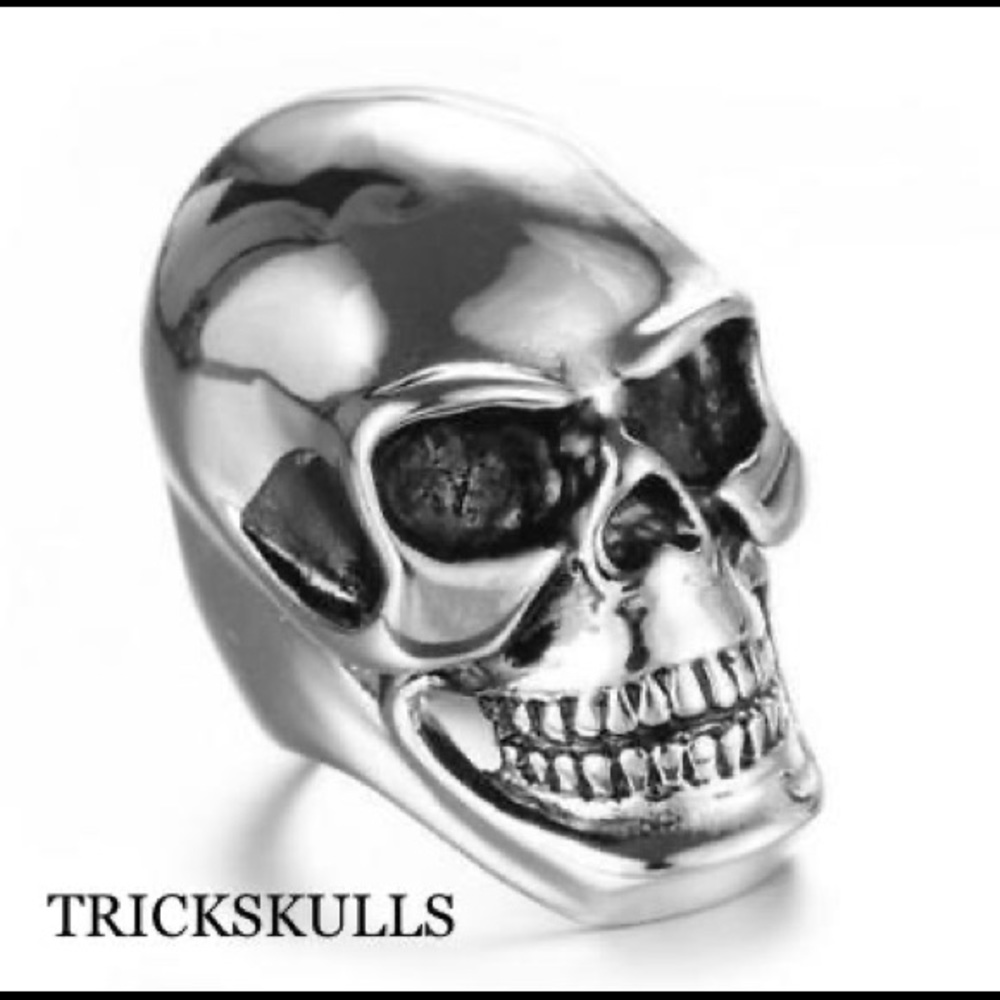 Stainless Silver Long Face Biker Skull Ring Modern Punk Rock Artisan Design New!